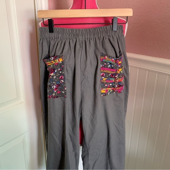 None Pants - Grey Boho Lounge Pants with Embroidered Pockets, size Medium